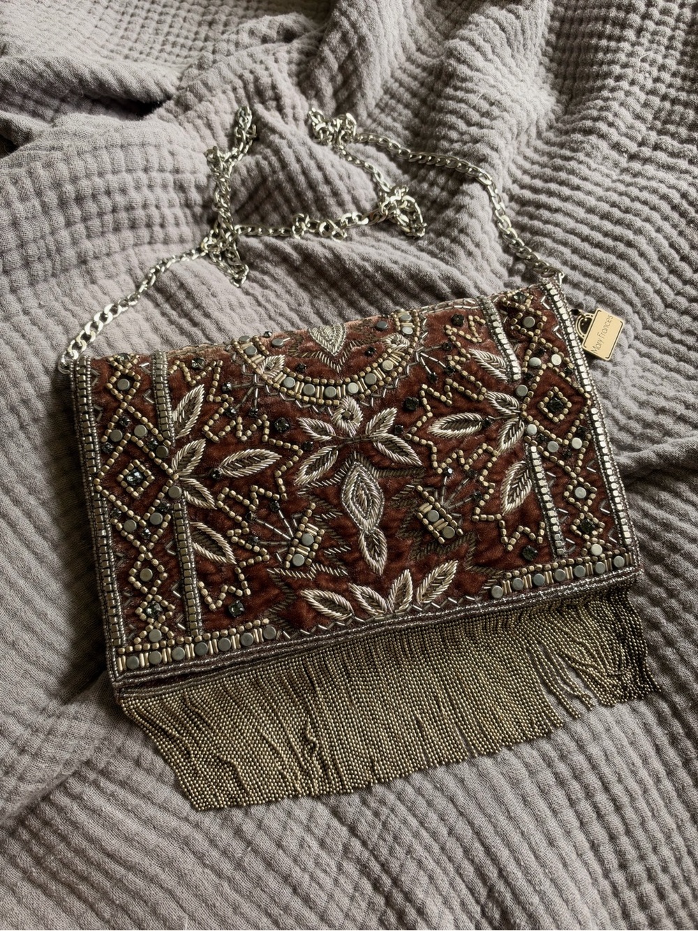 Mary Frances Brown Beaded Fringe Shoulder Bag